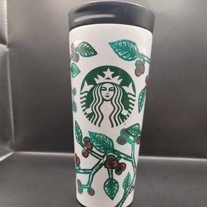 STARBUCKS Coffee Tea Refill Tumbler Holiday Holly Travel Mug January 2017 16 oz